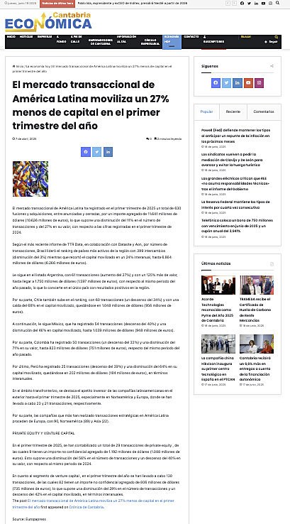 El mercado transaccional de Amrica Latina moviliza un 27% menos de capital en el primer trimestre del ao